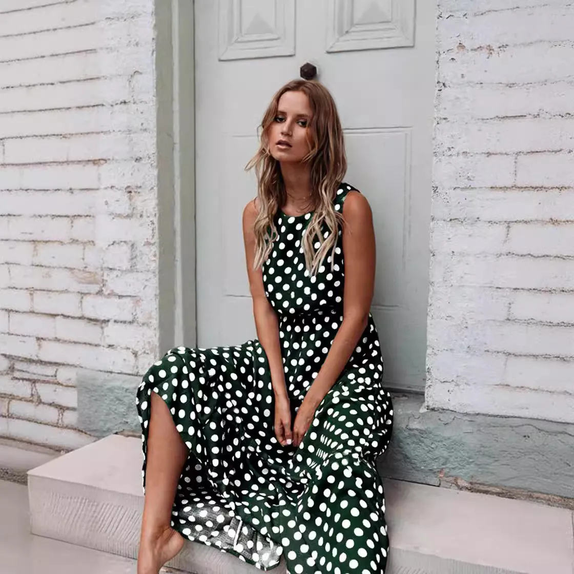 ID:2867 - 2025 spring and summer fashion versatile printed polka dot round neck long skirt women's dress
